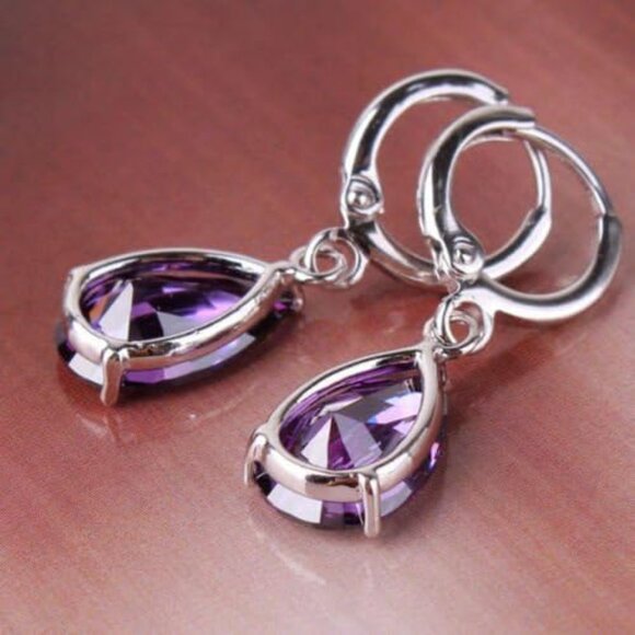 🆕 Women Purple Azuria Dange Teardrop Earrings 18K Zirconia Crystals Jewelry Set - Picture 2 of 5